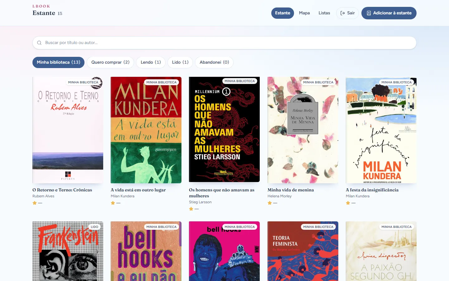Estante do Lbook no desktop: busca, filtros por status e grade de livros com capa, autor e avaliação.