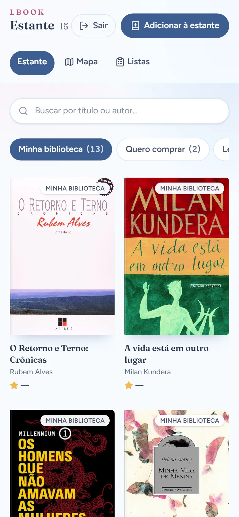 Estante do Lbook no celular: navegação, busca, filtros de status e capas em duas colunas.
