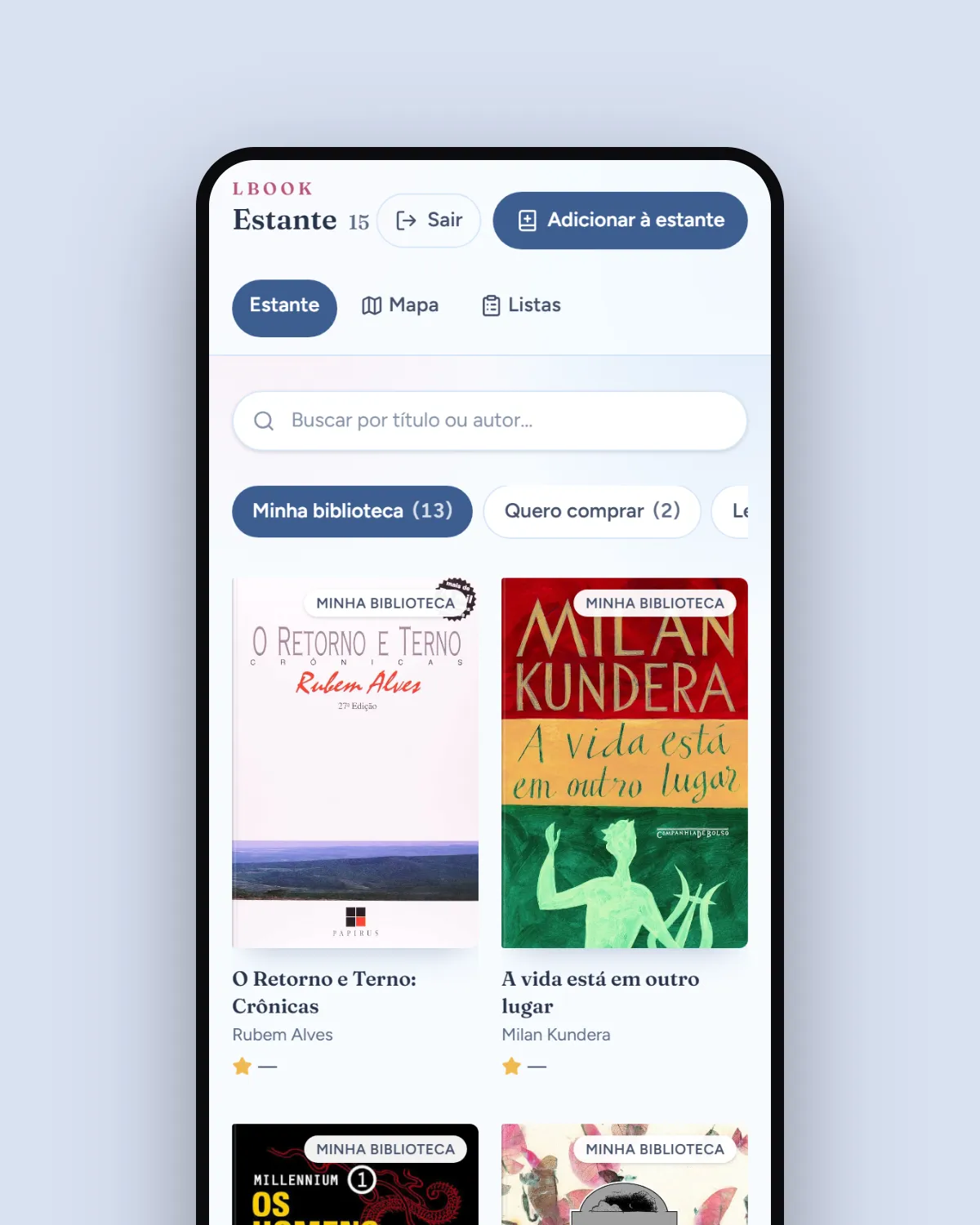 Telas do Lbook no desktop e no celular, com a estante de livros