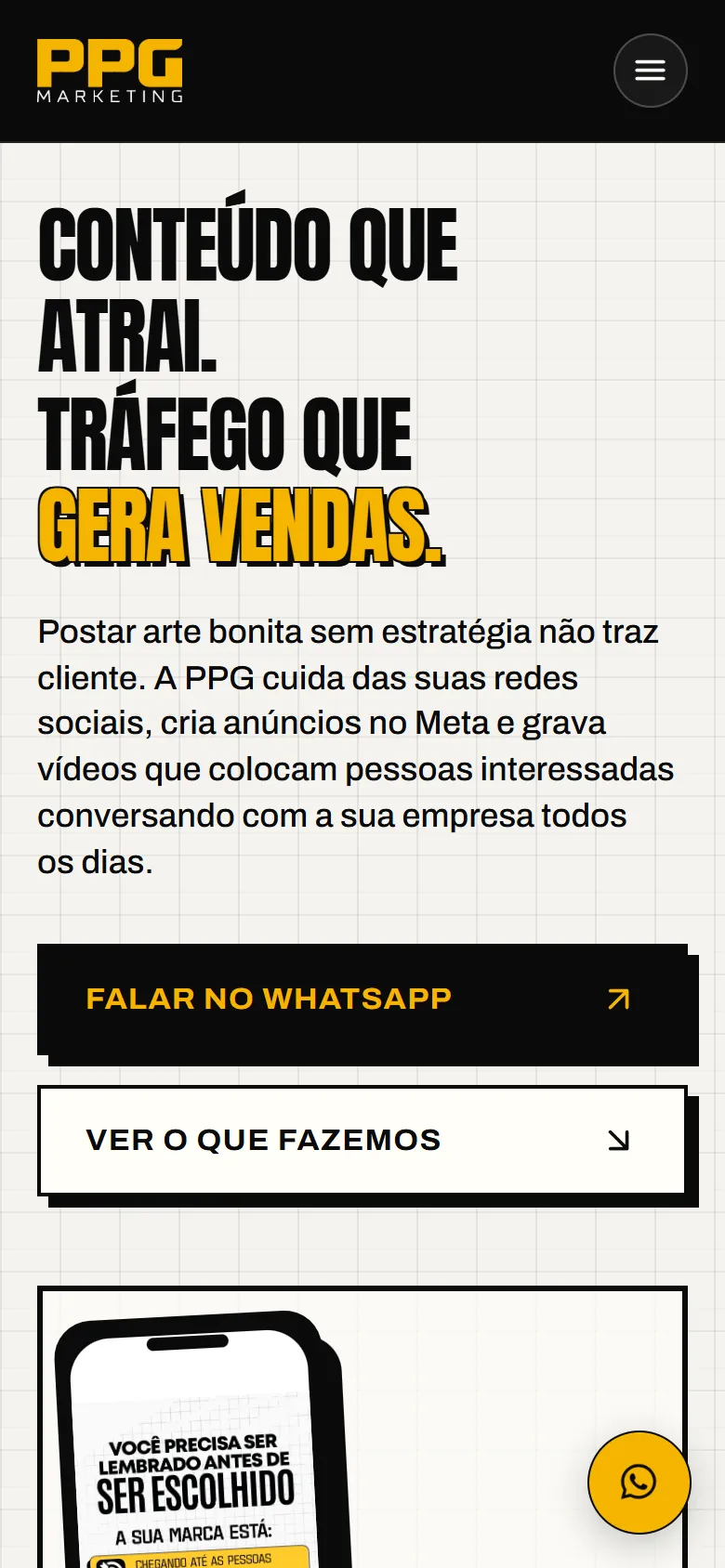 Site da PPG Marketing no celular: título em caixa alta, texto de apoio e botões Falar no WhatsApp e Ver o que fazemos.