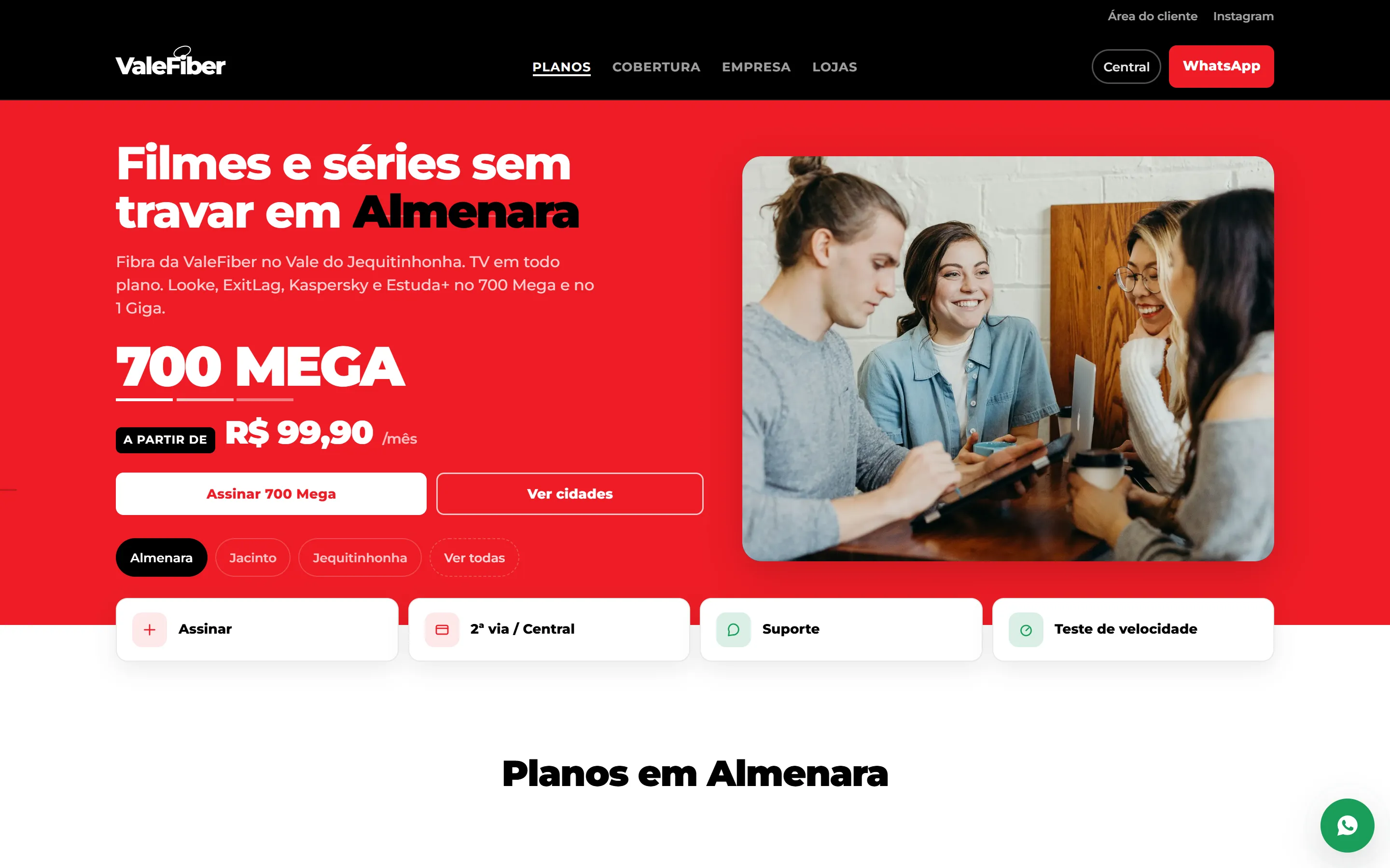 Primeira dobra do site da ValeFiber no desktop: oferta de 700 Mega, preço mensal e plano de fibra para Almenara.