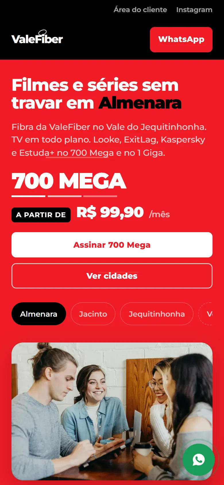 Site da ValeFiber no celular: plano de 700 Mega, preço, botão de assinatura e cidades de cobertura.