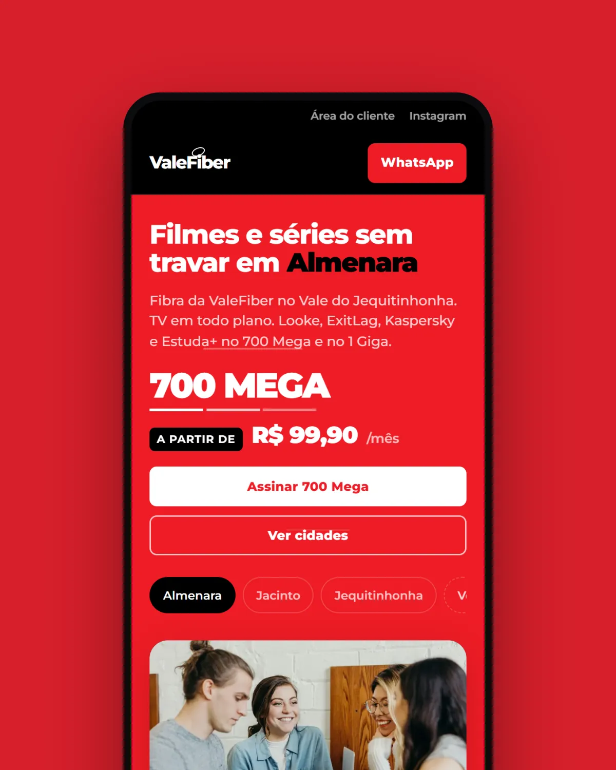 Telas do site da ValeFiber no desktop e no celular, sobre fundo vermelho